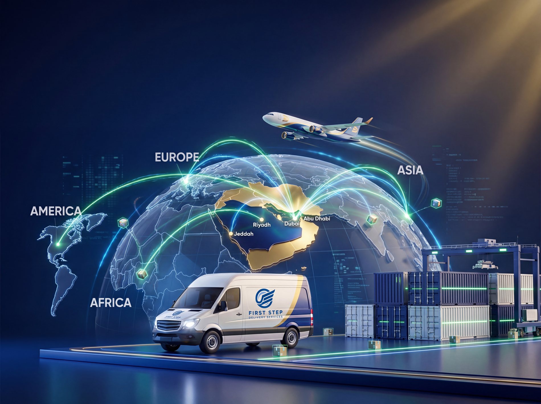 First Step Delivery global shipping network connecting Abu Dhabi, Dubai, Riyadh and Jeddah to America, Europe, Africa and Asia